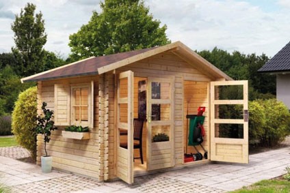 braunes Zweiraum-Gartenhaus aus Holz mit rotem Satteldach