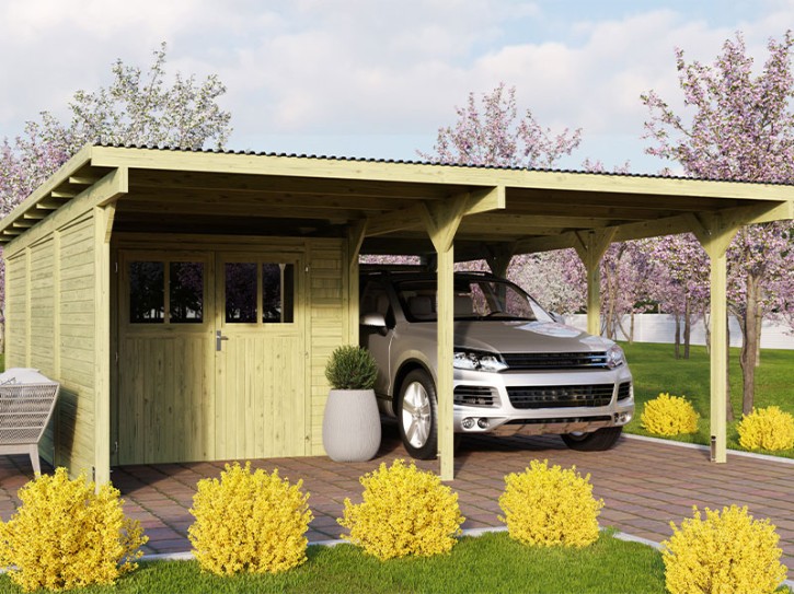Karibu Doppelcarport Eco 2 + Abstellraum 2 + Seiten + Rückwand - Holz-Carport - 9cm Pfosten - Flachdach