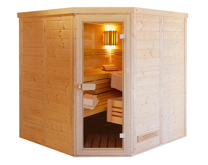 Gartenfreunde Innensauna Helsinki 5 - 45mm Blockbohlensauna - Ganzglastür - Ecksauna