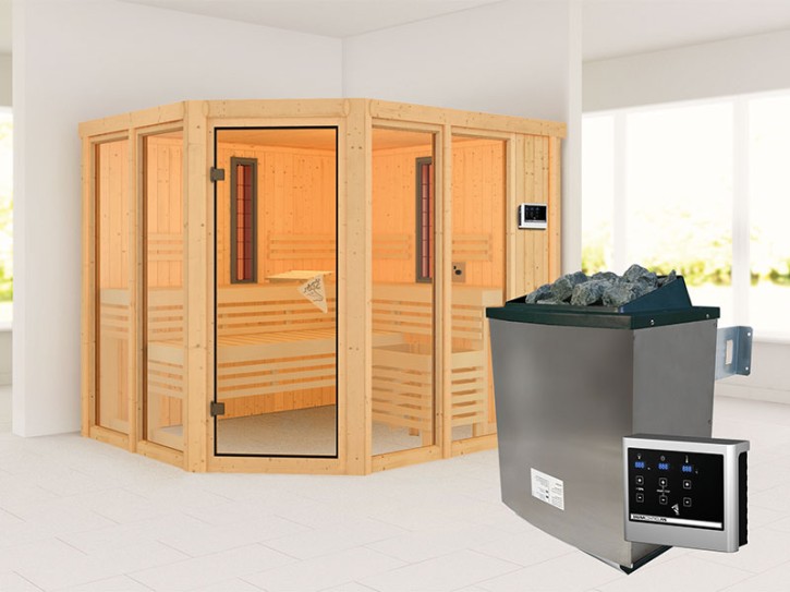 Karibu Innensauna Ava + 9kW Saunaofen + 2 Infrarotstrahler - 68mm Elementsauna - Ecksauna - Kombikabine - Glasfront