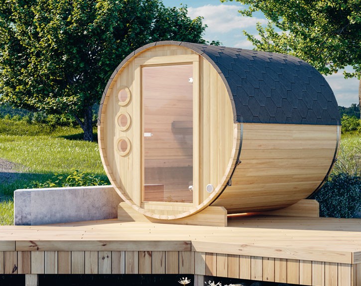 Finnhaus Wolff Fasssauna Mini + schwarze Dachschindeln - 42mm Gartensauna - Bausatz - natur