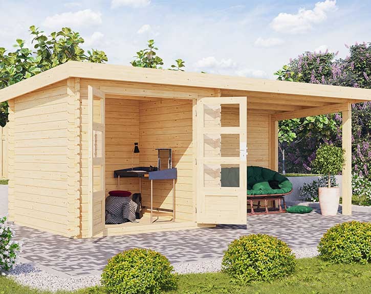 Karibu Holz-Gartenhaus Bastrup 2 + 3m Anbaudach + Rückwand - 28mm Blockbohlenhaus - Pultdach - natur