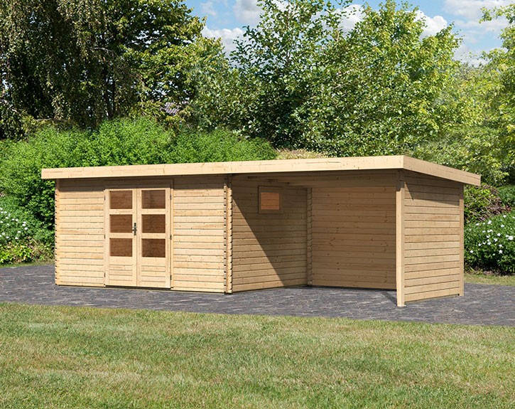 Karibu Holz-Gartenhaus Trittau 5 + 3,3m Anbaudach + Seiten + Rückwand - 38mm Blockbohlenhaus - Gartenhaus Lounge - Pultdach - natur