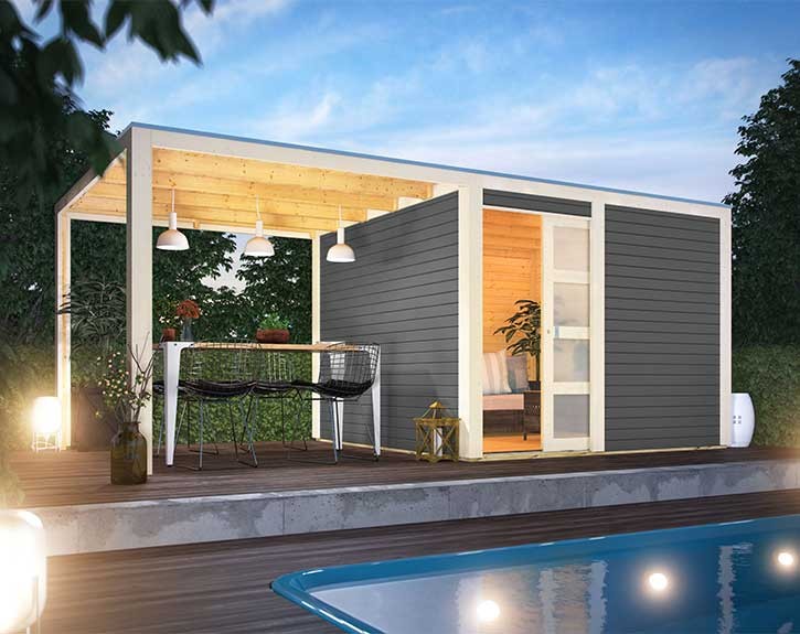 Karibu Holz-Gartenhaus Qubic 2 + 2,4m Anbaudach - 19mm Elementhaus - Flachdach - terragrau