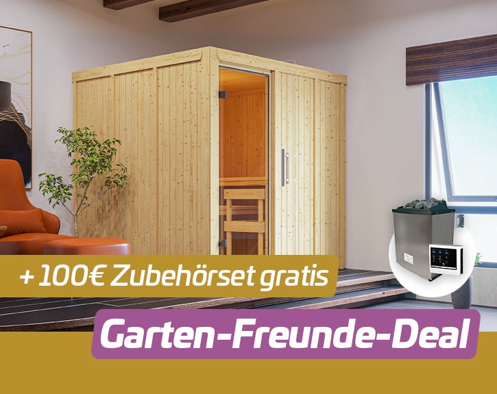 Garten-Freunde-Deal - Karibu Innensauna Auri 4 + 9kW Saunaofen + externe Steuerung - 68mm Systemsauna - Ganzglastür bronziert