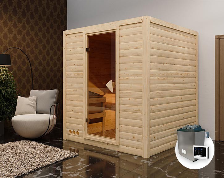 Karibu Innensauna Mojave + Comfort-Ausstattung + 9kW Saunaofen + externe Steuerung - 38mm Blockbohlensauna - Ganzglastür bronziert