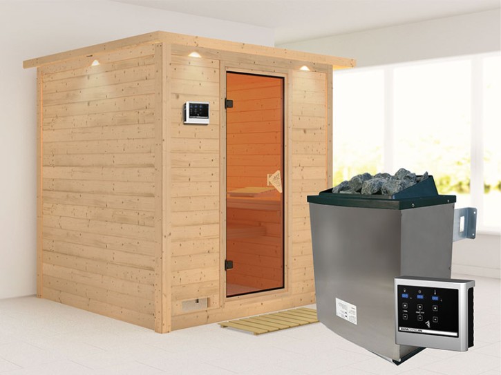 Karibu Innensauna Mojave + Comfort-Ausstattung + Dachkranz + 9kW Saunaofen + externe Steuerung Easy - 40mm Blockbohlensauna - Ganzglastür bronziert