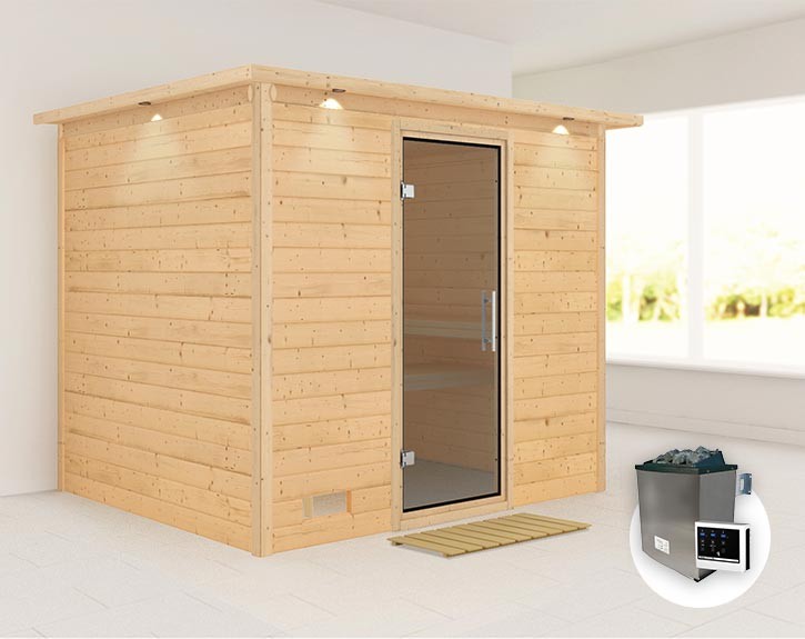 Karibu Innensauna Sonara + Comfort-Ausstattung + Dachkranz + 9kW Saunaofen + externe Steuerung - 38mm Massivholzsauna - Ganzglastür graphit