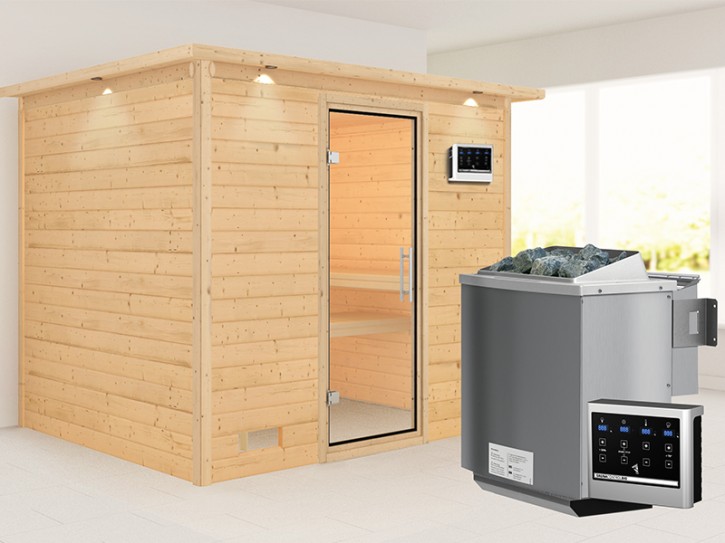 Karibu Innensauna Sonara + Comfort-Ausstattung + Dachkranz + 9kW Bio-Kombiofen + externe Steuerung Easy bio - 40mm Massivholzsauna - Ganzglastür klar