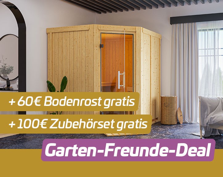 Garten-Freunde-Deal - Karibu Innensauna Auri 3 - 68mm Systemsauna - Ecksauna - Ganzglastür klar