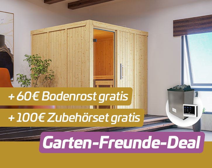 Garten-Freunde-Deal - Karibu Innensauna Auri 4 + 9kW Saunaofen + externe Steuerung - 68mm Systemsauna - Ganzglastür klar