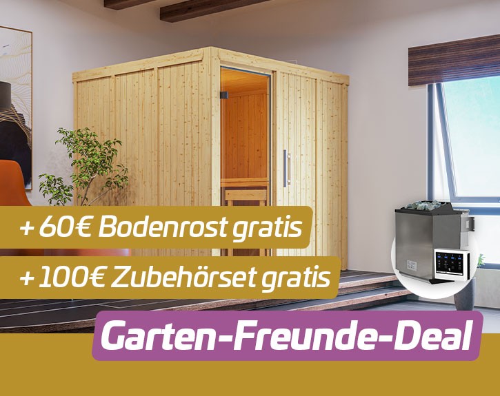 Garten-Freunde-Deal - Karibu Innensauna Auri 4 + 9kW Bio-Kombiofen + externe Steuerung - 68mm Systemsauna - Ganzglastür klar