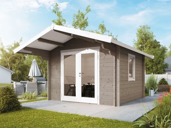 Finnhaus Wolff Holz-Gartenhaus Bergen 44-B - 44mm Blockbohlenhaus - Satteldach - gletschergrau