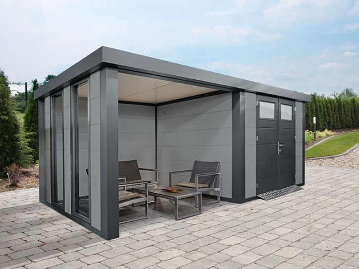 Finnhaus Wolff Metall-Gartenhaus Eleganto 3024 + 2,8m Lounge links + 2 Fenster - Gartenhaus Lounge - Flachdach - lichtgrau