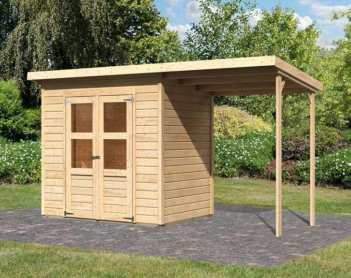 Karibu Holz-Gartenhaus Merseburg 3 + 1,66m Anbaudach - 14mm Elementhaus - Geräteschuppen - Pultdach - natur