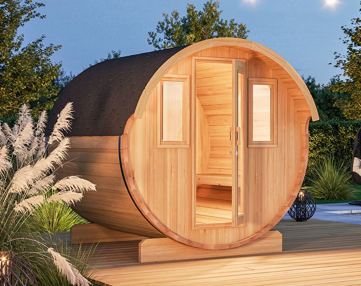 Finnhaus Wolff Fasssauna Sofie 2123 + schwarze Dachschindeln - 42mm Gartensauna - Bausatz - natur