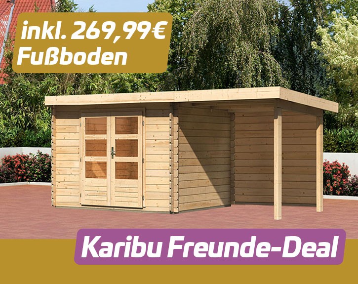 KARIBU FREUNDE-DEAL Holz-Gartenhaus Malta Premium 2 mit 2m Anbaudach + Rückwand - 28mm Blockbohlenbau - natur - inkl. Boden