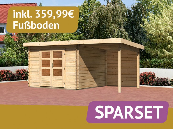 SPARSET: Karibu Holz-Gartenhaus Malta Premium 3 mit 2m Anbaudach + Rückwand - 28mm Blockbohlenbau - natur - inkl. Boden
