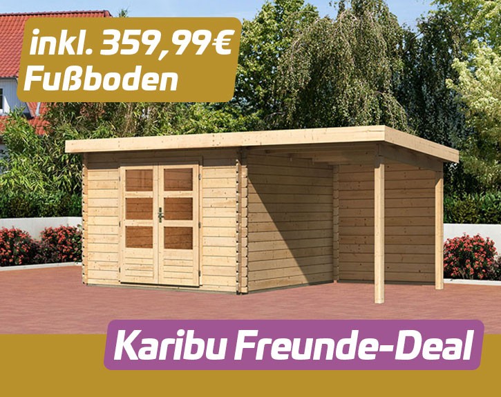 KARIBU FREUNDE-DEAL Holz-Gartenhaus Malta Premium 3 mit 2m Anbaudach + Rückwand - 28mm Blockbohlenbau - natur - inkl. Boden