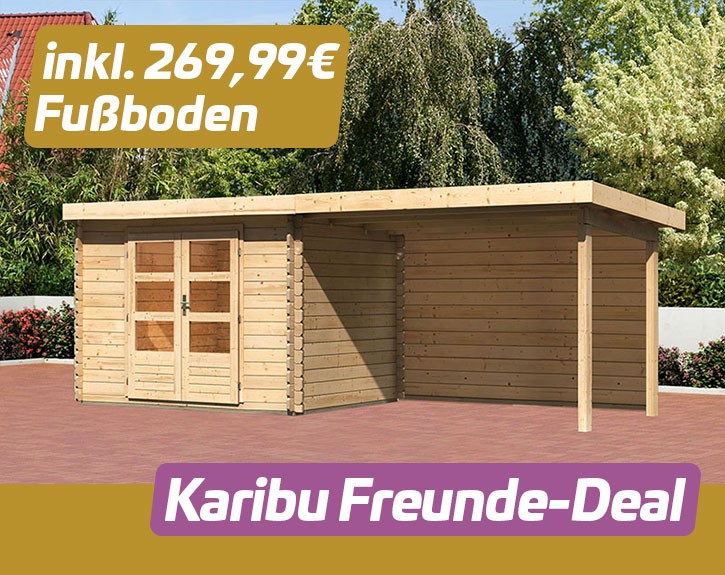KARIBU FREUNDE-DEAL Holz-Gartenhaus Malta Premium 2 mit 3m Anbaudach + Rückwand - 28mm Blockbohlenbau - natur - inkl. Boden