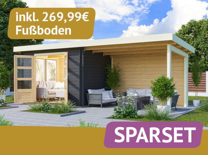 SPARSET: Karibu Holz-Gartenhaus Malta Premium 2 mit 3m Anbaudach + Rückwand - 28mm Blockbohlenbau - anthrazit - inkl. Boden