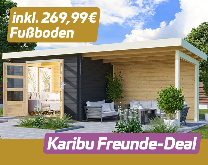 KARIBU FREUNDE-DEAL Holz-Gartenhaus Malta Premium 2 mit 3m Anbaudach + Rückwand - 28mm Blockbohlenbau - anthrazit - inkl. Boden