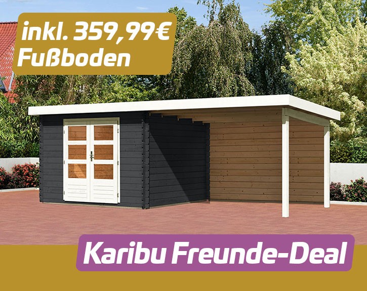 KARIBU FREUNDE-DEAL Holz-Gartenhaus Malta Premium 3 mit 3m Anbaudach + Rückwand - 28mm Blockbohlenbau - anthrazit - inkl. Boden