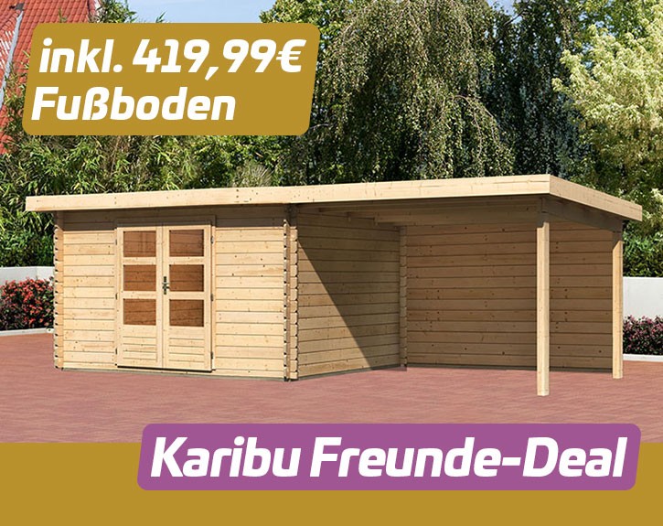 KARIBU FREUNDE-DEAL Holz-Gartenhaus Malta Premium 4 mit 3m Anbaudach + Rückwand - 28mm Blockbohlenbau - natur - inkl. Boden