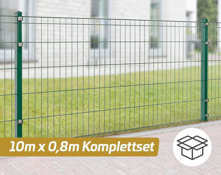 Deutsche Zauntechnik Doppelstabmattenzaun Komplettset MICHL - Metallzaun / Vorgartenzaun - moosgrün - 10 x 0,8 m