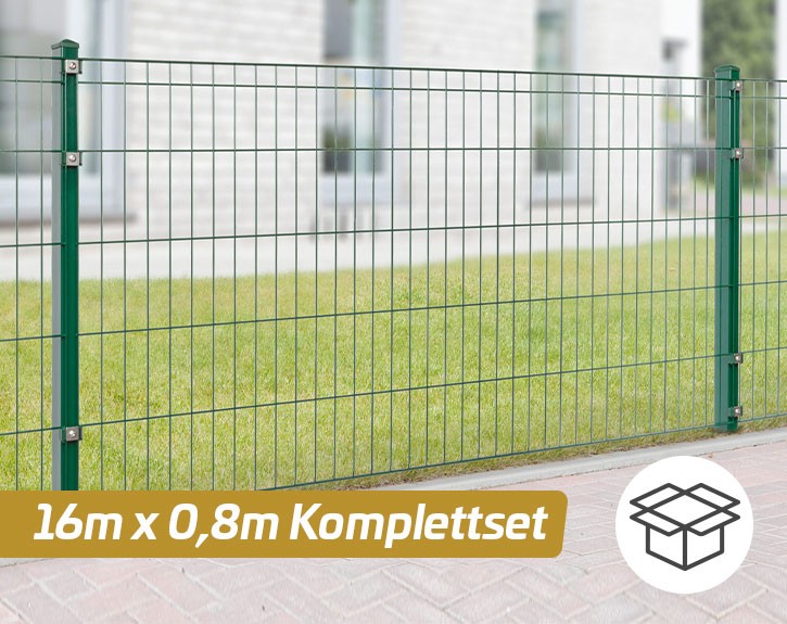 Deutsche Zauntechnik Doppelstabmattenzaun Komplettset MICHL - Metallzaun / Vorgartenzaun - moosgrün - 16 x 0,8 m