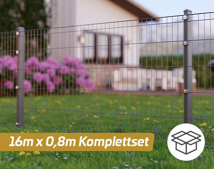 Deutsche Zauntechnik Doppelstabmattenzaun Komplettset MICHL - Metallzaun / Vorgartenzaun - anthrazit - 16 x 0,8 m