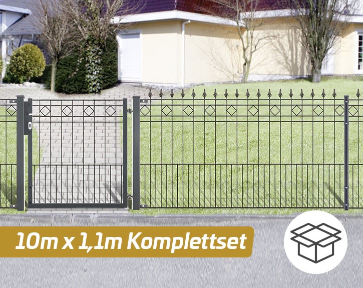 Deutsche Zauntechnik Schmuckzaun Komplettset Residenz klassik RIMINI - Metallzaun / Vorgartenzaun - anthrazit - 10 x 1,1 m