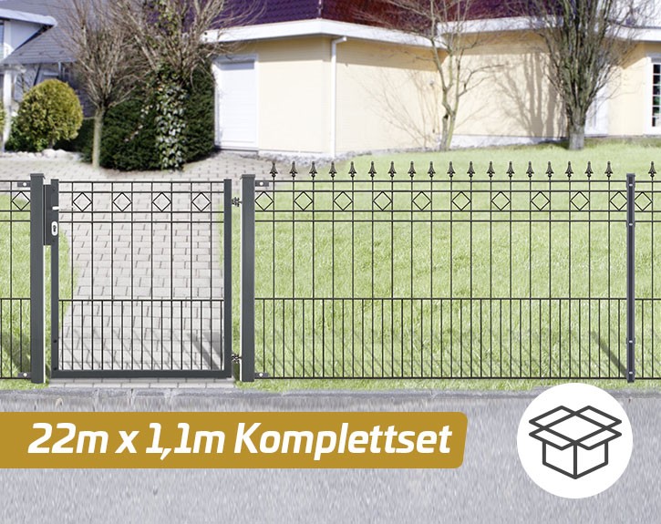 Deutsche Zauntechnik Schmuckzaun Komplettset Residenz klassik RIMINI - Metallzaun / Vorgartenzaun - anthrazit - 22 x 1,1 m