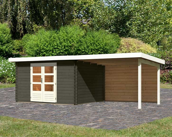 Karibu Holz-Gartenhaus Bastrup 7 + 3m Anbaudach + Rückwand - 28mm Blockbohlenhaus - Pultdach - terragrau