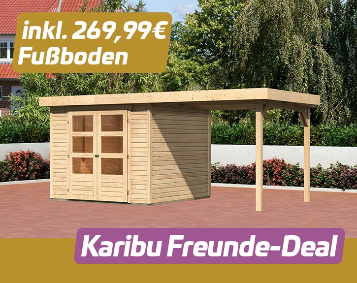 KARIBU FREUNDE-DEAL Holz-Gartenhaus Cuno + 2,4m Anbaudach + Fußboden - 19mm Elementhaus - Flachdach - natur