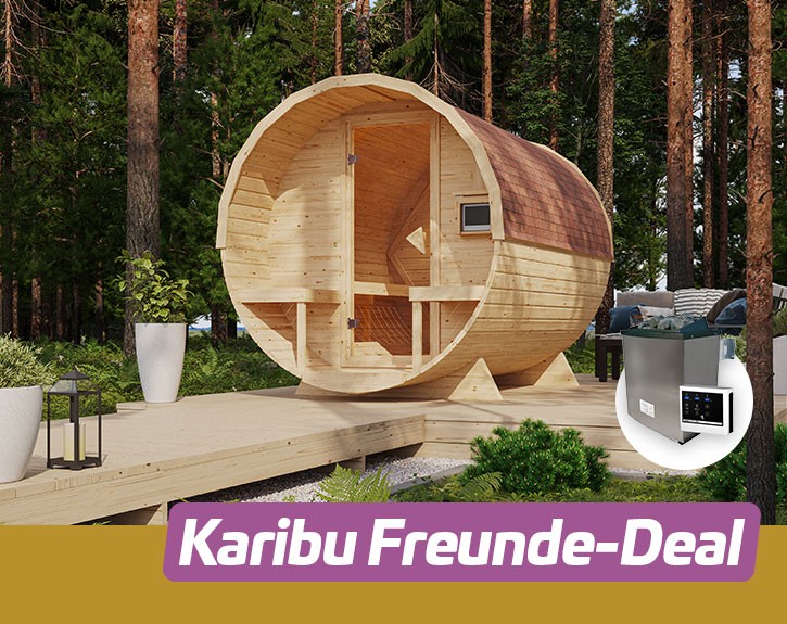 KARIBU FREUNDE DEAL Fasssauna Gardenfriends + Terrasse + 9kW Saunaofen + externe Steuerung - 38mm Saunafass - Tonnendach - natur