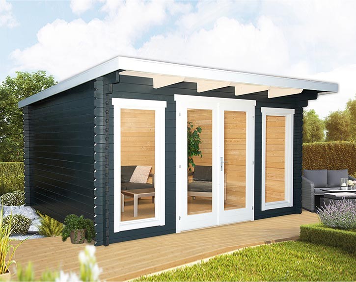 Finnhaus Wolff Holz-Gartenhaus Rikke 3838 40 - 40mm Blockbohlenhaus - Gartenhaus Lounge - Pultdach - anthrazit