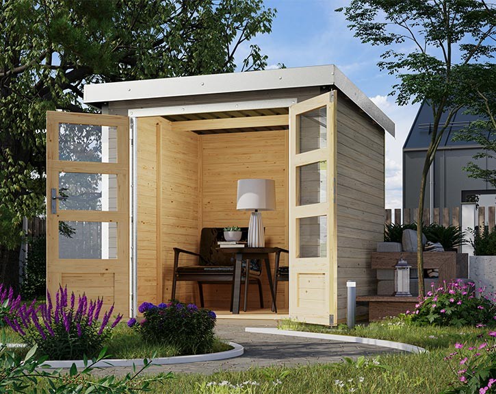 Karibu Hybrid-Gartenhaus Jupiter D - 19mm Elementhaus - Geräteschuppen - Flachdach - wassergrau/weiß