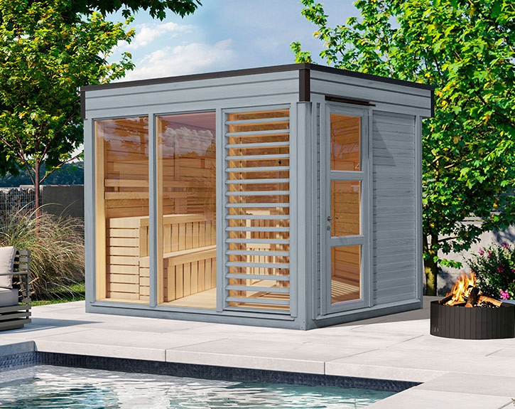 Finnhaus Wolff Gartensauna Smilla 3323 + Glasfront + Vorraum - 75mm Saunahaus - Flachdach - grau