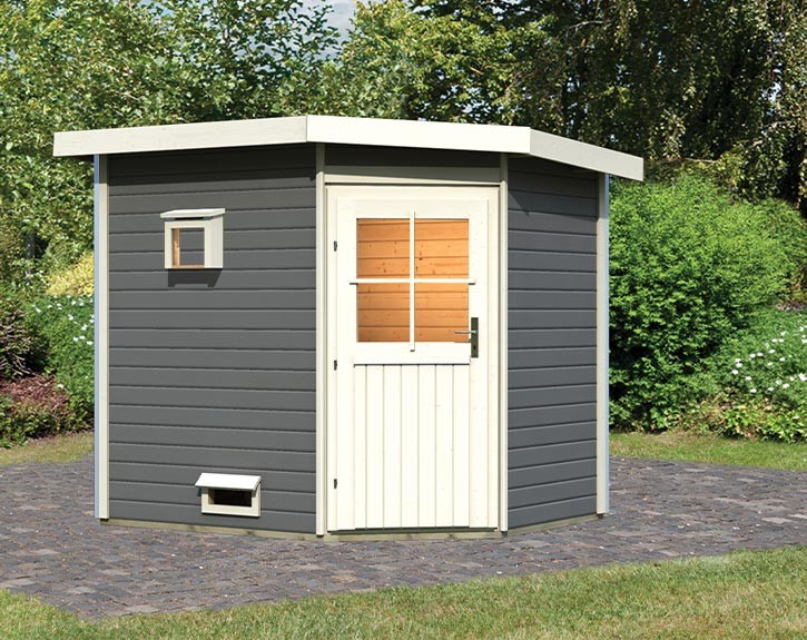Karibu Gartensauna Mikka - 38mm Saunahaus - Ecksauna - Pultdach - Classic Saunatür - terragrau