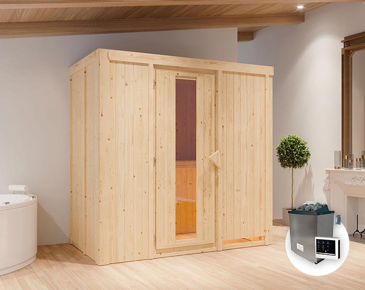 Karibu Innensauna Variado + 9kW Saunaofen + externe Steuerung - 68mm Systemsauna - Energiespartür