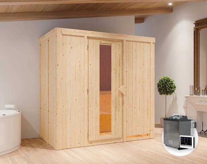 Karibu Innensauna Variado + 9kW Bio-Kombiofen + externe Steuerung - 68mm Systemsauna - Energiespartür