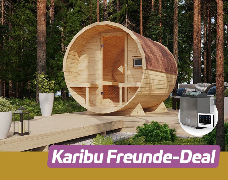 KARIBU FREUNDE DEAL Fasssauna Gardenfriends + Terrasse + 9kW Bio-Kombiofen + externe Steuerung Easy bio - 38mm Saunafass - Tonnendach - natur