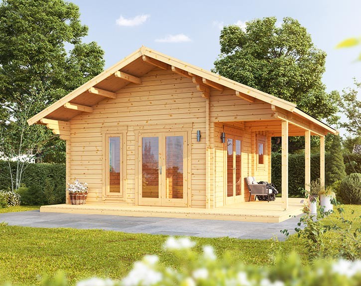 Finnhaus Wolff Holz Ferienhaus Tirol 92 + Seitendach rechts - 92mm Blockbohlenhaus - 3-Raum Gartenhaus - Satteldach - natur