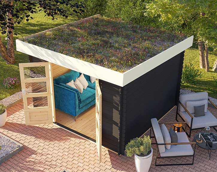 Karibu Holz-Gartenhaus Flora 3 + Dachbegrünung - 28mm Blockbohlenhaus - Pultdach - anthrazit