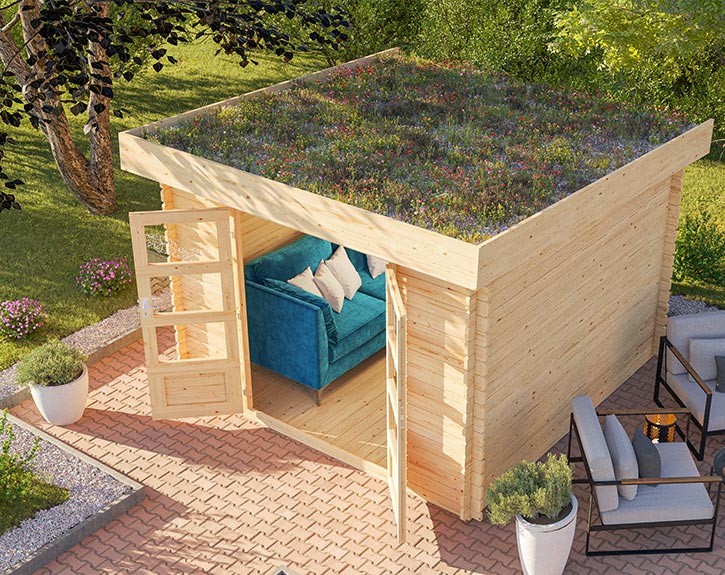 Karibu Holz-Gartenhaus Flora 5 + Dachbegrünung - 28mm Blockbohlenhaus - Pultdach - natur