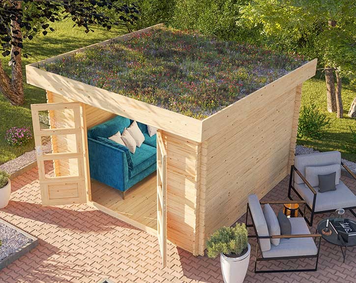 Karibu Holz-Gartenhaus Flora 5 + Dachbegrünung - 28mm Blockbohlenhaus - Pultdach - natur