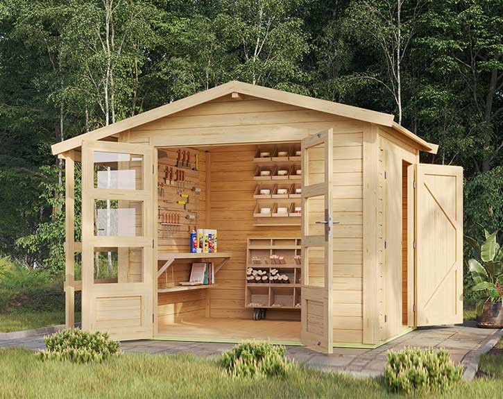 Karibu Holz-Gartenhaus Multi + Schrank + Anbaudach- 28mm Elementhaus - Satteldach - natur