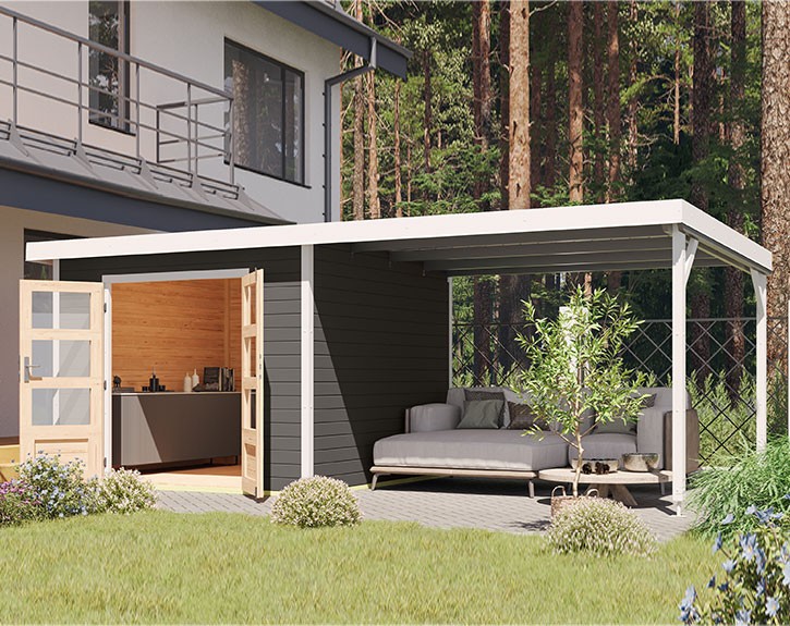 Karibu Hybrid-Gartenhaus Pluto B + 3m Anbaudach - 28mm Elementhaus - Gartenhaus Lounge - Flachdach - terragrau/weiß