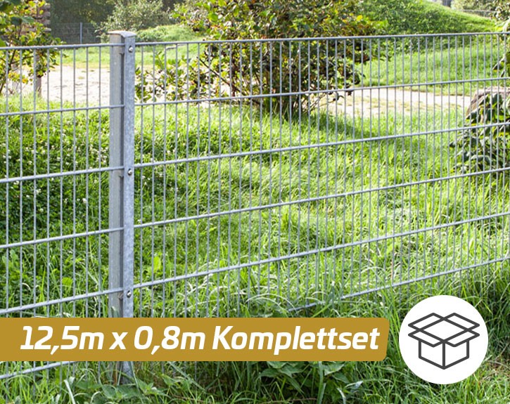 Deutsche Zauntechnik Doppelstabmattenzaun Komplettset MORITZ - Metallzaun / Vorgartenzaun - silber - 12,5 x 0,8 m